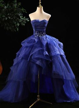 Picture of Blue Prom Dress Ruffles TieRed Color Crystal Beaded Top FormalParty Dresses, High Low Prom Dresses